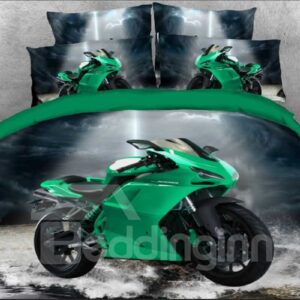 Vivilinen 3D Green Sports Motorcycle Racing in Stormy Night 4-Piece Bedding Sets/Duvet Covers