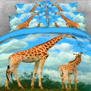 Giraffe Mother and Calf Printed 3D 4-Piece Animal Print Bedding Set/Duvet Cover Set Blue Sky