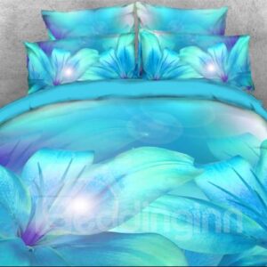 Light Blue Lily 3D Printed 4-Piece Floral Bedding Set/Duvet Cover Set
