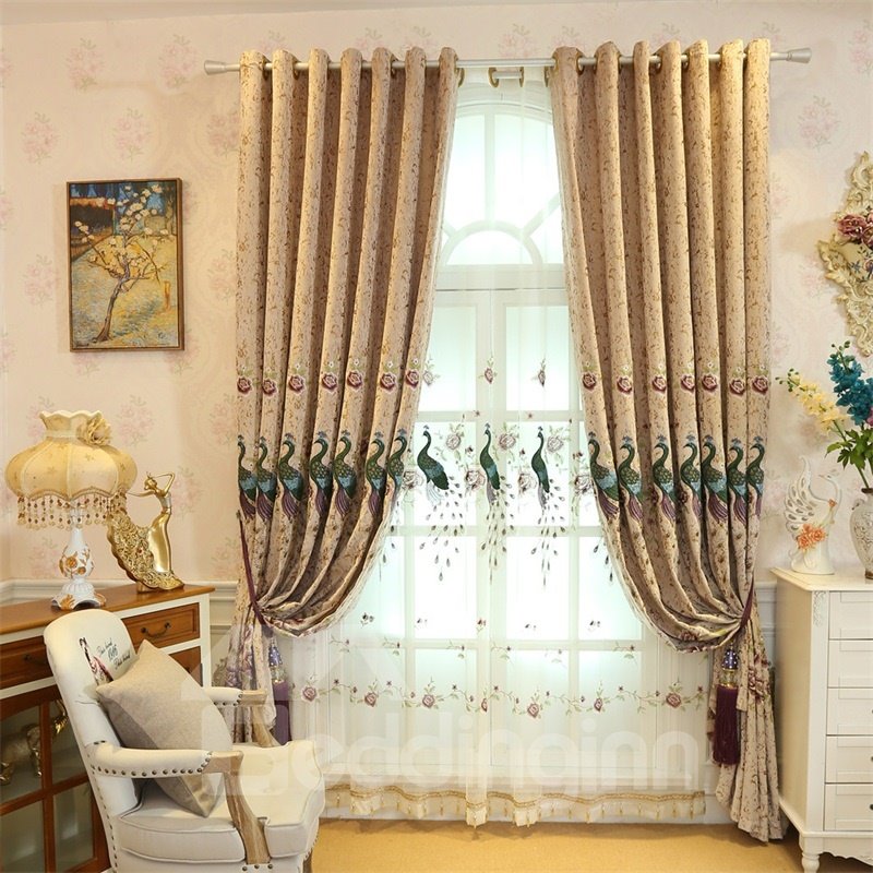 Elegant and Modern Embroidered Peacocks 2 Panels Living Room Sheer Curtain - Image 6