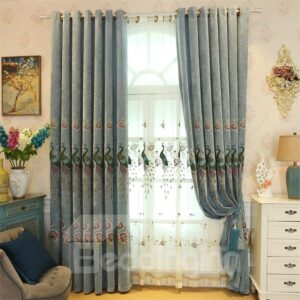 Creative Light Green Embroidered Peacocks 2 Panels Custom Living Room Sheer Curtain