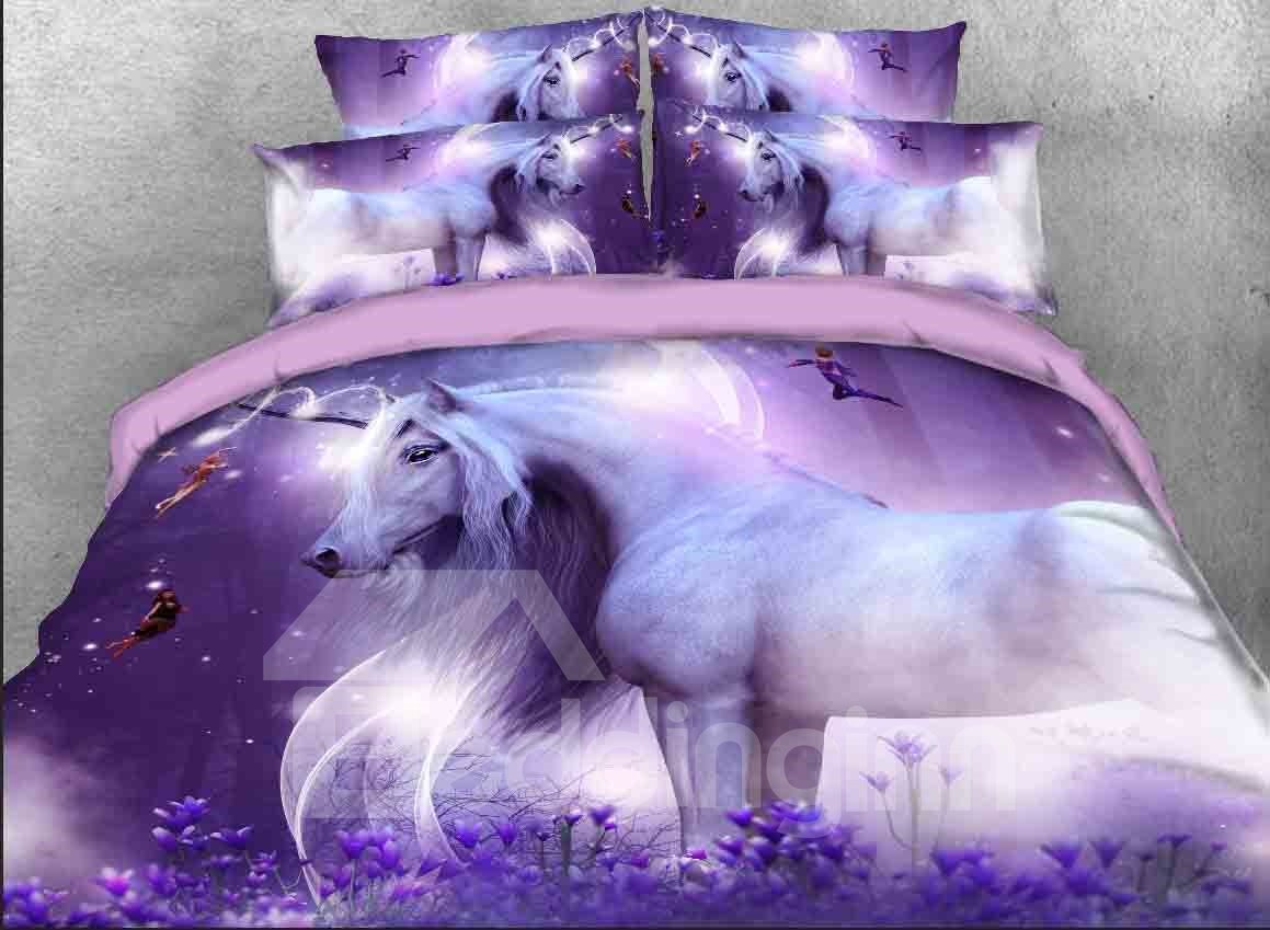3D Unicorn and Fairies Printed 5-Piece Purple Comforter Set/Bedding Set Skin-friendly All-Season Ultra-soft Microfiber - Image 3