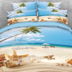 3D Starfish and Drift Bottle Printed Beach Style 5-Piece Comforter Set Blue Scenery Bedding Set