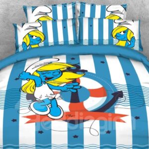 Smurfette with Anchor Striped Nautical Style Twin 3-Piece Kids Bedding Sets