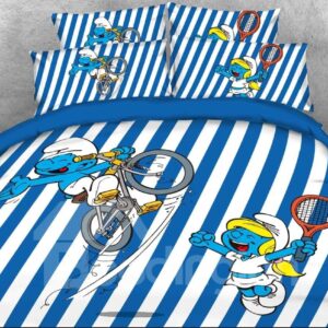Cyclist Smurf Blue and White Striped Twin 3-Piece Kids Bedding Sets