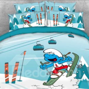 Laughing Smurf Skiing Blue Twin 3-Piece Kids Bedding Sets/Duvet Covers