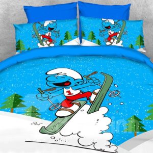 Laughing Smurf Skier Twin 3-Piece Kids Bedding Sets/Duvet Covers