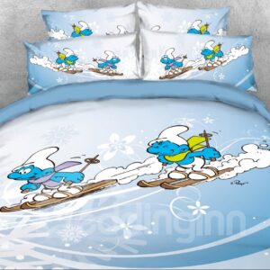 The Smurfs Skiing Winter Printed Twin 3-Piece Kids Bedding Sets/Duvet Covers
