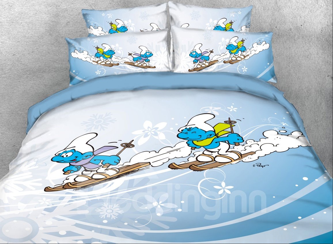 The Smurfs Skiing Winter Printed Twin 3-Piece Kids Bedding Sets/Duvet Covers