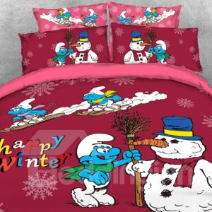 Smurfs Skiing and Christmas Snowman Printed Twin 3-Piece Kids Red Bedding Sets