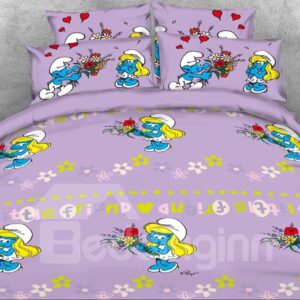 Smurfette Holding Flower Bouquet Printed Twin 3-Piece Kids Bedding Sets