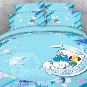 Baby Smurf with Moon Stars Printed Twin 3-Piece Kids Bedding Sets