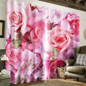 Cozy and Romantic Style Pink Roses Printed Custom 2 Panels Living Room Curtain
