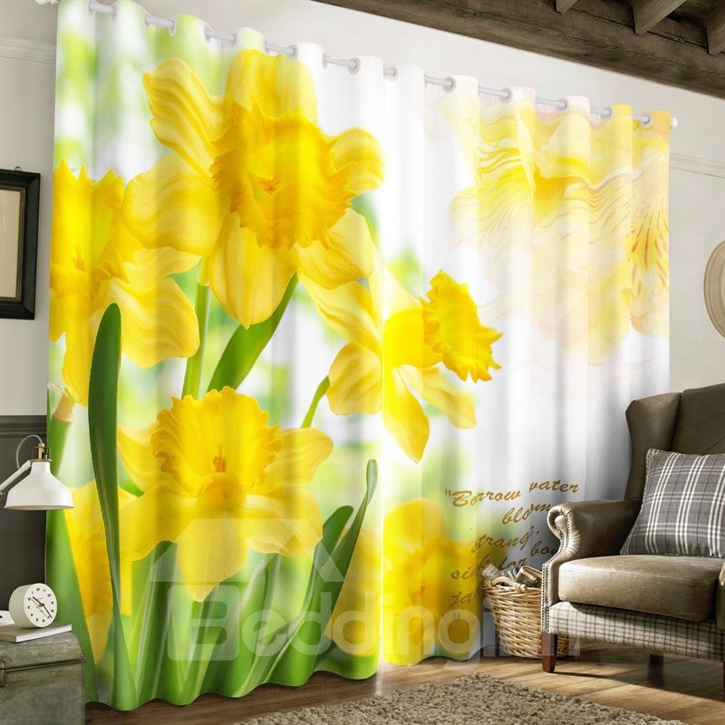 3D Yellow Flowers Printed Pastoral Style Polyester Custom Living Room Curtain - Image 8