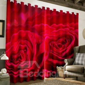 3D Fresh Red Rose Printed Polyester Custom Grommet Top Curtain for Living Room