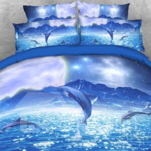 Jumping Dolphins and Starry Sky 3D 4-Piece Bedding Set Blue Sea Duvet Cover Set