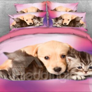 Puppy and Cat Good Friends Printed 4-Piece 3D Bedding Sets/Duvet Cover Set Red