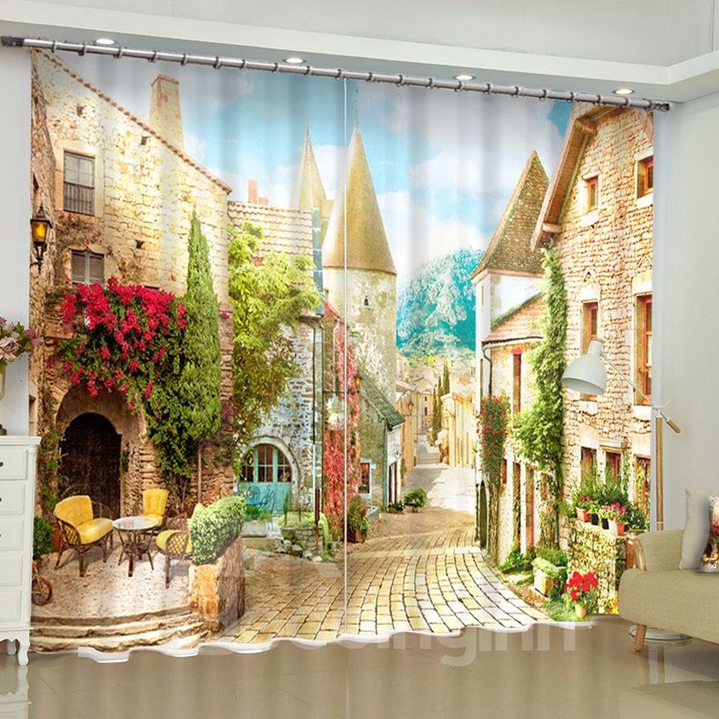 3D European Style Buildings Printed Polyester Custom Living Room Curtain - Image 3