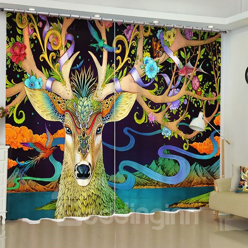 3D Rich Deer Printed 2 Panels Blackout Grommet Top Living Room Curtain - Image 8