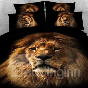3D Lion Face Animal Print Bedding Set 5-Piece Comforter Set Soft Lightweight Microfiber Black