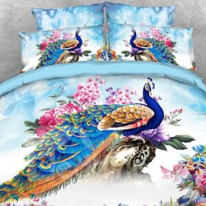 3D Peacock and Peony Watercolor Printed 5-Piece Comforter Set/Bedding Set Blue Ultra-soft No-fading Microfiber Twin Full Queen King