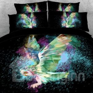 Flying Owl Printed 4-Piece Black 3D Bedding Sets/Duvet Covers