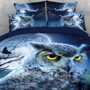 Owl Face with Full Moon Printed 4-Piece 3D Bedding Set/Duvet Cover Set Blue Full Queen King Size