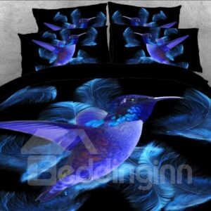 Blue Hummingbird and Feathers Printed 3D 4-Piece Bedding Sets/Duvet Covers