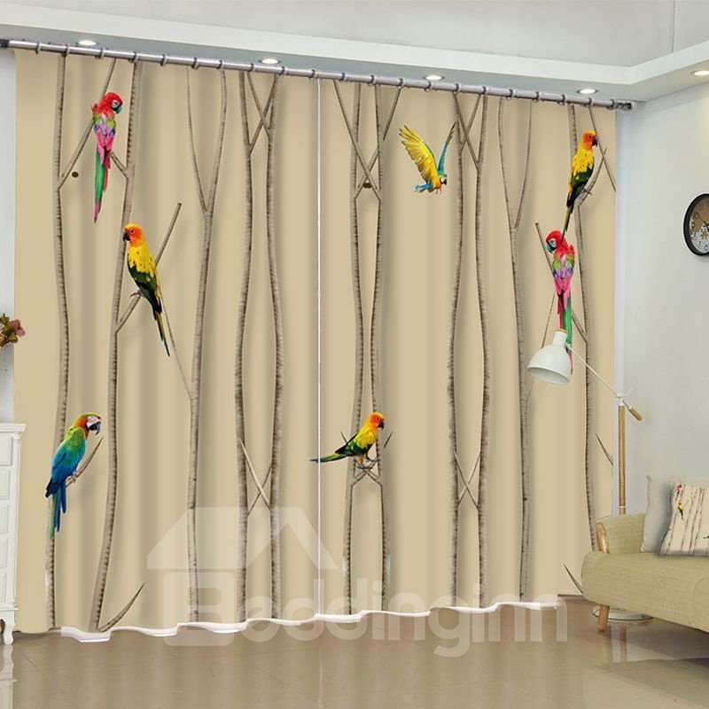 Lovely Birds on the Branches Printed Oil Painting 2 Panels Living Room Curtain - Image 5