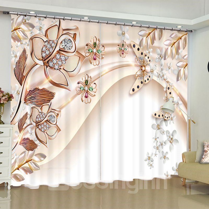 3D Bright Crystal Flowers and Butterflies Printed 2 Panels Living Room Window Curtain - Image 3
