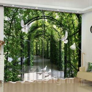 Lush Corridor and Flying Doves Printed 2 Panels Living Room Custom Curtain