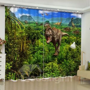 3D Roaring Dinosaurs on the Lush Virgin Forest Printed Custom Living Room Curtain