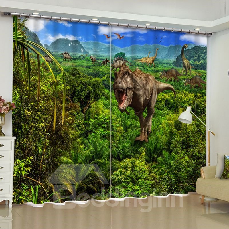 3D Roaring Dinosaurs on the Lush Virgin Forest Printed Custom Living Room Curtain - Image 5
