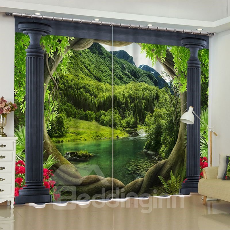 3D Lush Mountains and Waters Printed 2 Panels Living Room Window Drapes - Image 2