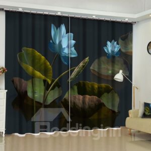 3D Blooming Lotus in Dark Night Printed Country Style Custom Living Room Curtain