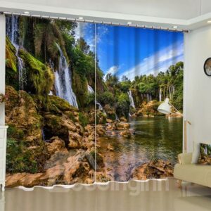 3D Waterfalls Flowing in the Green Mountains Printed 2 Panels Living Room Curtain