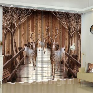 3D Lovely Deer Standing on the Wooden Bridge Printed Custom Curtains