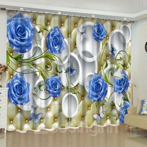 3D Blue Roses and White Circles Printed 2 Panels Custom Living Room Curtain