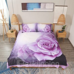 3D Dewy Purple Roses 5-Piece Comforter Set/Bedding Set with White Quilt Skin-friendly Endurable Colourfast Ultra-soft Microfiber
