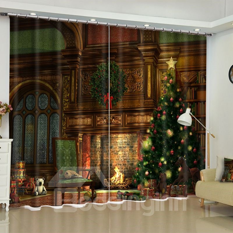 3D Grand Old House and Christmas Tree Printed Custom Living Room Curtain - Image 6