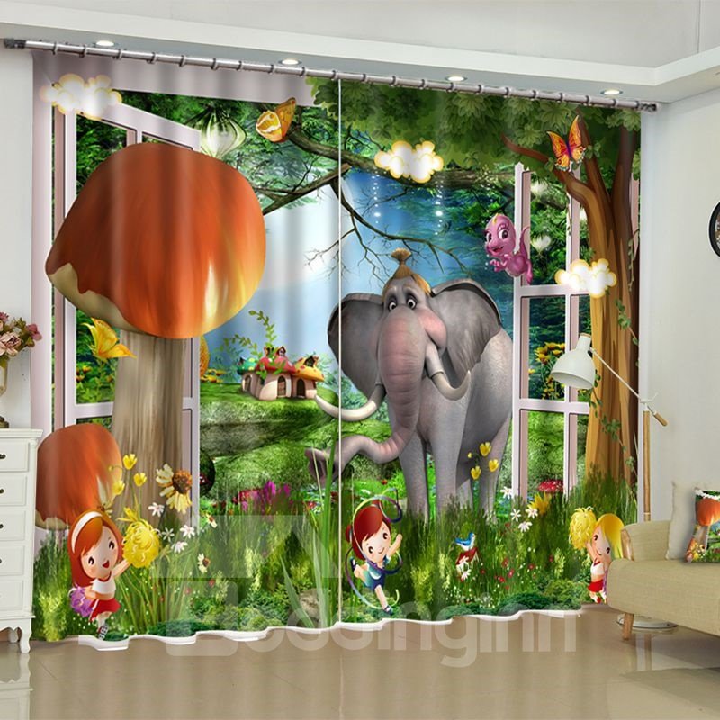 3D Happy Cartoon Children and Elephant Printed Custom Curtain for Living Room - Image 2