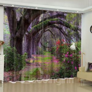 3D Thick Forest and Purple Flowers Printed 2 Panels Living Room Custom Curtain