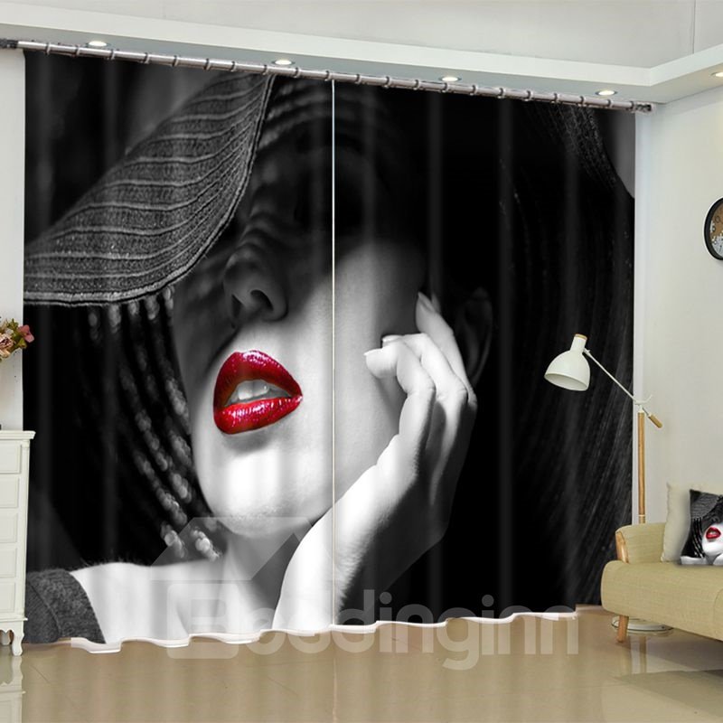 Vivid Masked Girl with Red Lips Printed 2 Panels Custom Curtain for Living Room - Image 2