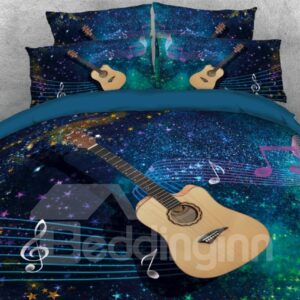 Guitar with Musical Notation Printed 3D 4-Piece Bedding Set/Duvet Cover Set Blue