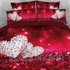 Love Heart Shape Printed 4-Piece 3D Bedding Set/Duvet Cover Set Valentines Day Gift Red