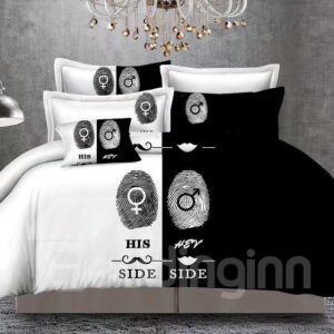 Lovers Fingerprints Black and White Blocking 3-Piece Polyester Bedding Sets/Duvet Cover