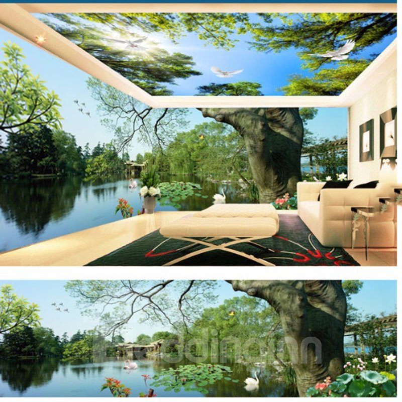 Blue Sky and Lake with Lotus Leaf Pattern 3D Waterproof Ceiling and Wall Murals - Image 7