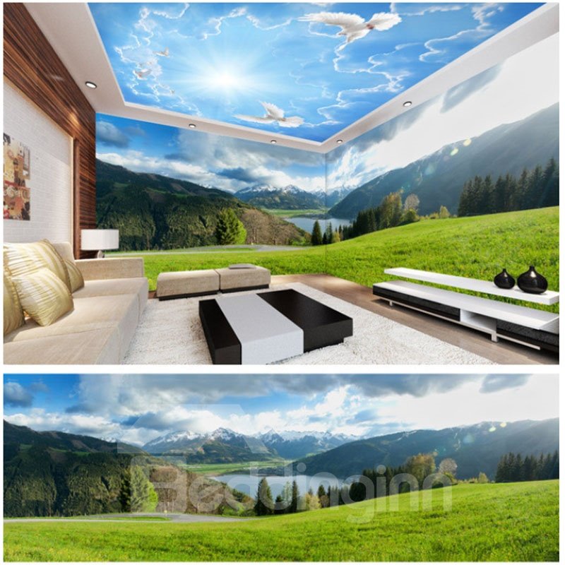 Blue Sky and Grass with Mountain Pattern 3D Waterproof Ceiling and Wall Murals - Image 4