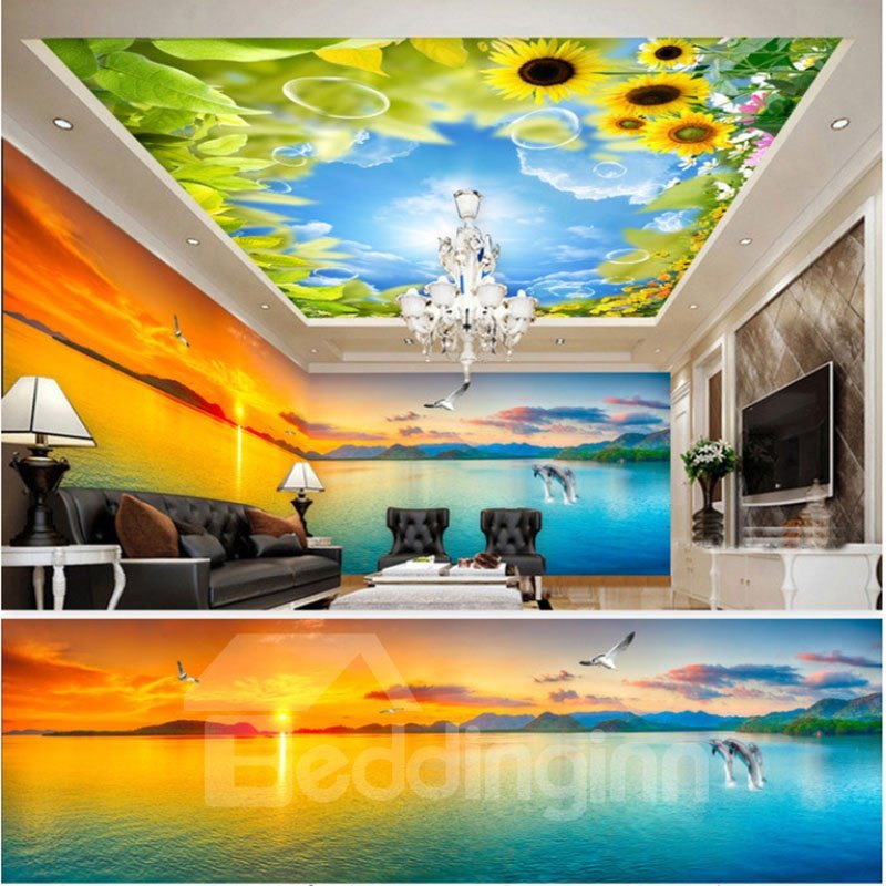 Blue Sky with Sunflower Sunset Pattern 3D Waterproof Ceiling and Wall Murals - Image 5