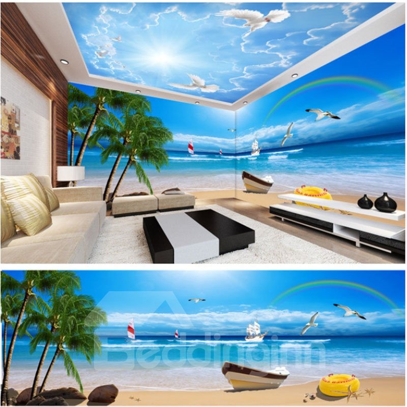 Blue Sky and Beach with Rainbow Pattern 3D Waterproof Ceiling and Wall Murals - Image 3